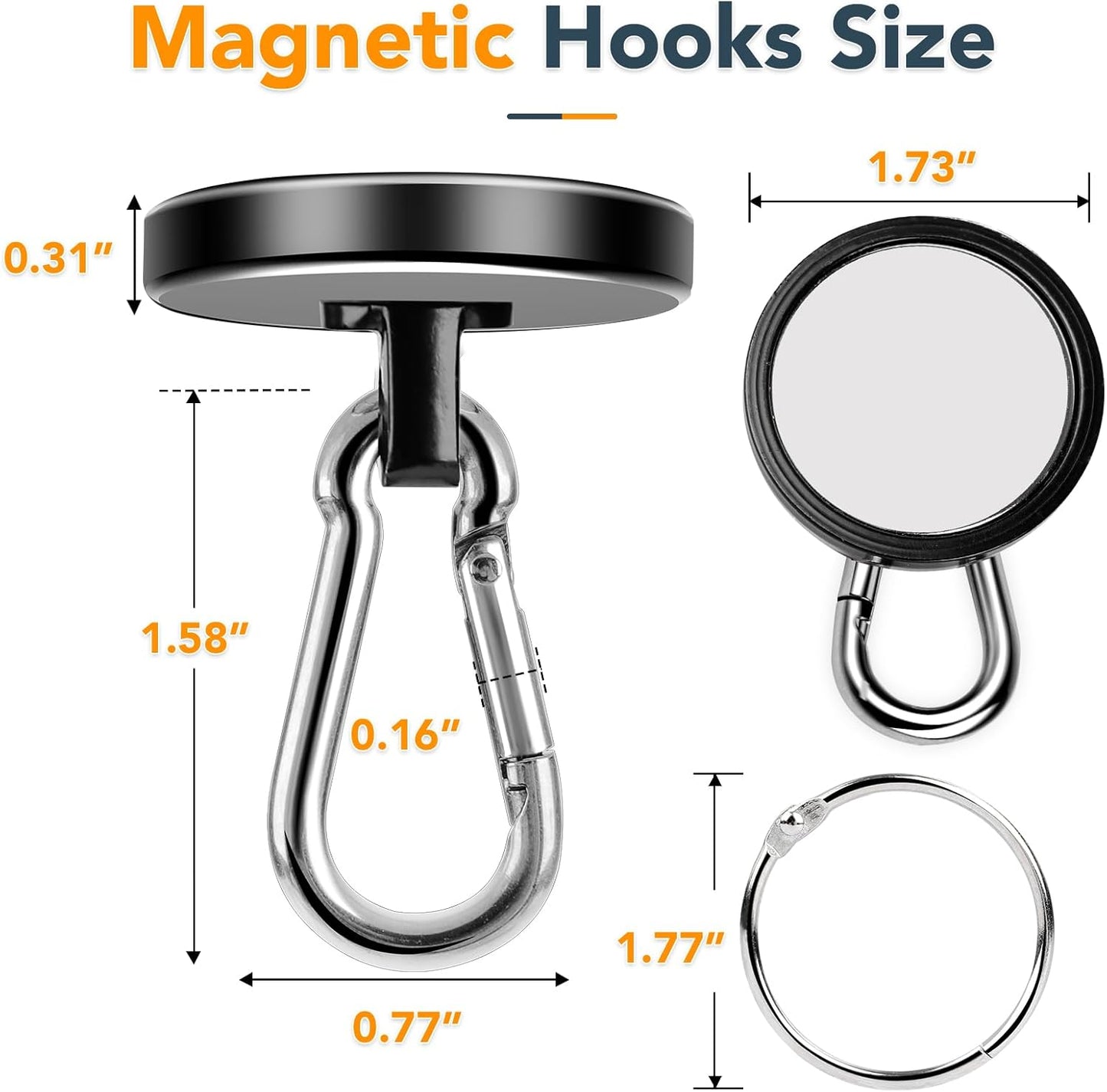 MIKEDE Strong Magnetic Hooks Heavy Duty, 200LBS+ Black Swivel Neodymium Magnets with Carabiner Hook, Hooks for Hanging, Curtain - 4 Pack
