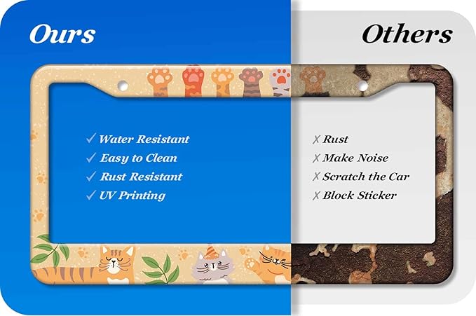 2PCS Yelloe Cat Pattern License Plate Frames for Men Women - Universal Aluminum Stainless Steel Kitten Personalized Car Tag Covers Holder with Screws, Caps, Rattle Proof Pads and Handlebar Stickers