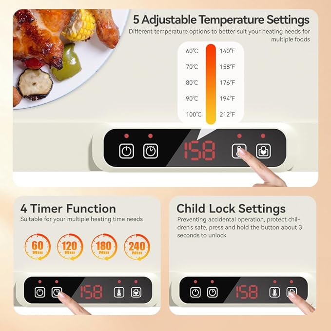 Electric Warming Tray, Fast Full Surface Heating Food Warming Mat, Portable Silicone Warmer with 5 Adjustable Temperature & Auto Shut-Off, Foldable Food Warmer for Parties, Gatherings, Daily Use