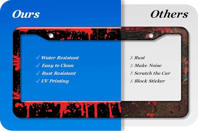 2PCS Red Blood Pattern License Plate Frames for Men Women - Universal Aluminum Stainless Steel Personalized Car Tag Covers Holder with Screws, Caps, Rattle Proof Pads and Handlebar Stickers