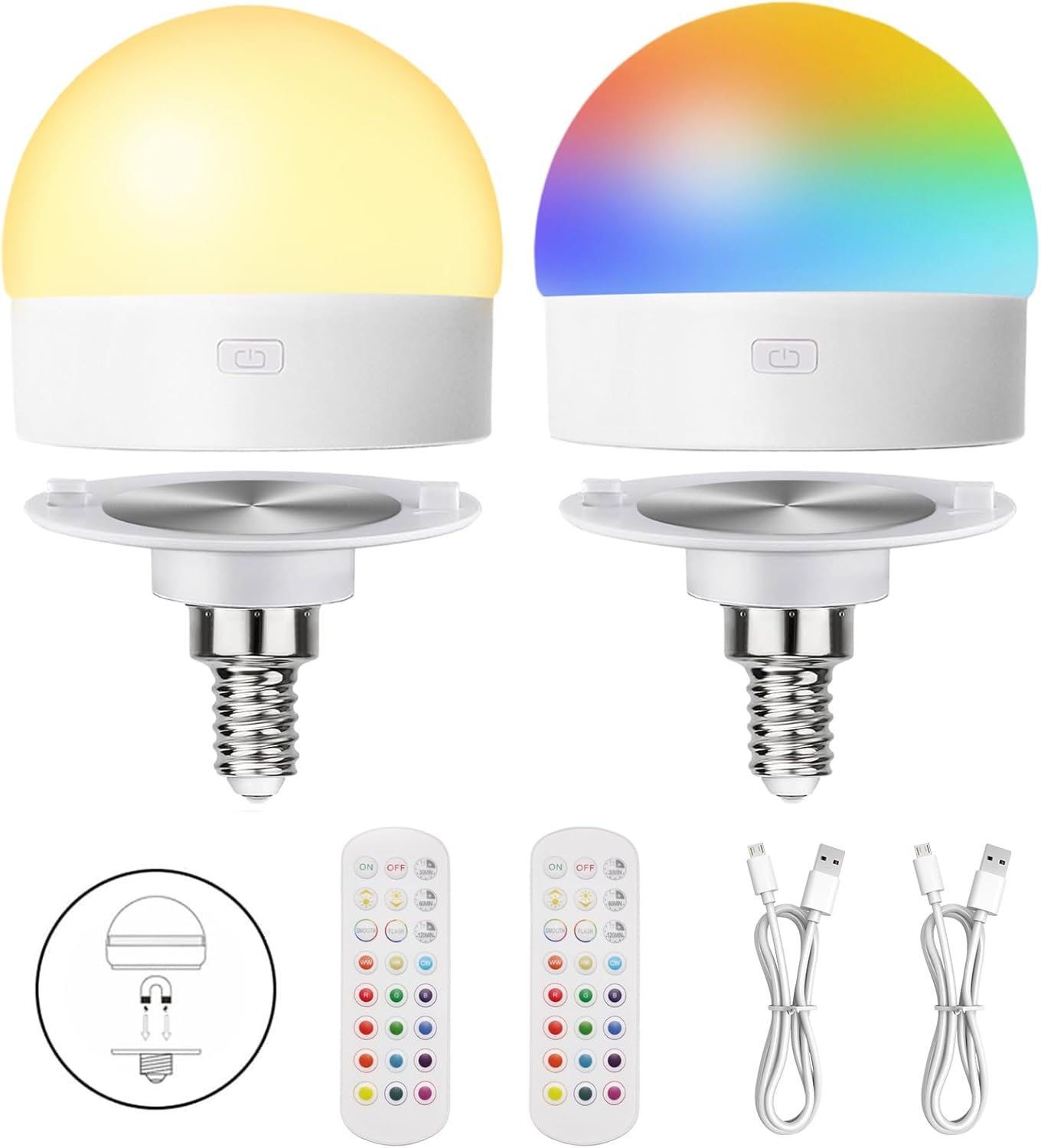 HISTAR Battery Operated Light Bulb for Sconce and Lamp with Remote, RGB, Timer, Dimmable, E12 Rechargeable Light Bulbs, 3 Color Temperature, 2Pack