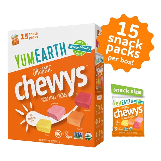 YumEarth Organic Chewys Fruit Flavored Candy Chews - Allergy Friendly, Gluten Free, Non-GMO, Vegan, No Artificial Flavors or Dyes - Assorted Flavors, 7.5 oz.