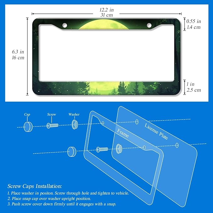 2PCS Green Full Moon Pattern License Plate Frames for Men Women - Universal Aluminum Stainless Steel Forest Car Tag Covers Holder with Screws, Caps, Rattle Proof Pads and Handlebar Stickers