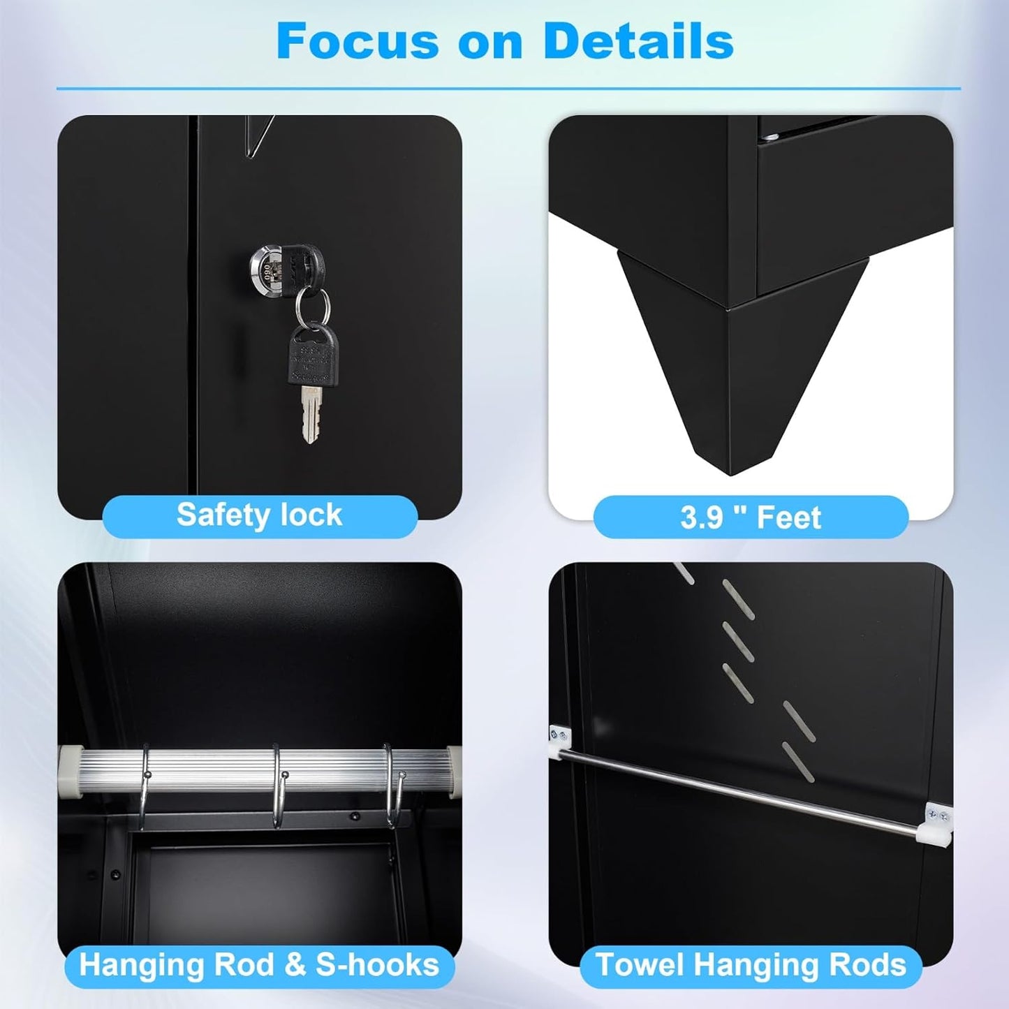 71" Broom Closet Cabinet with Hanging Rod, Tall Black Metal Storage Cabinet for Bathroom, Utility Room, and Garage