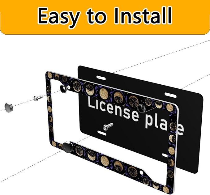 License Plate Frame 2 Pack Front Rear Aluminum Metal Rust-Proof Universal Car Tag Frames Holder with 4 Holes Car Decor Accessory with Screws for Men Women - Vintage Gold Moon Phase Flowers