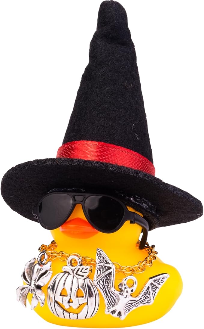 Rubber Duck Car Ornaments Yellow Duck Car Dashboard Decorations with Mini Witch Hat Sunglasses Necklace and Cute Accessories for Party Gifts(H4)