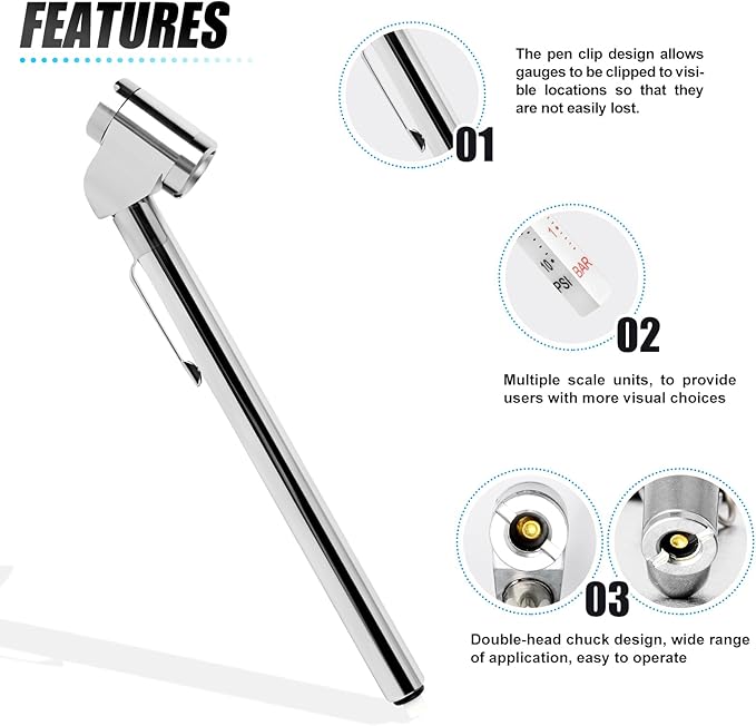 MEANLIN MEASURE 5Pcs Silver Double Straight Type Tire Pressure Gauge，Dual Head Air Pressure Gauge with 5Pcs Black Stem Caps，Pressure Range 10-120 Psi (Suitable for Trucks, etc.)