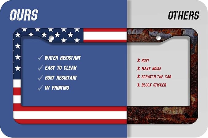 1PCS American Flag License Plate Frame Holder - USA Stars and Stripes Auto Universal Aluminum Matte Car Tag Holder Covers with Sticker & Screws for Men