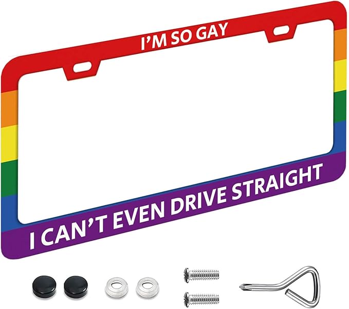 Funny License Plate Frames with Humor Text Gay Pride Rainbow Flag I'm So Gay I Can't Even Drive Straight Premium Stainless Steel Rust-Proof Stylish Car Decor 12.3x6.3in License Plate Holder -DATANSEN