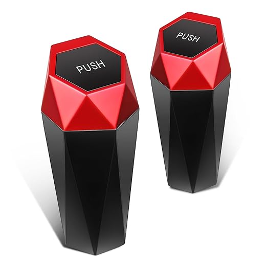 DNA MOTORING 2PCS Mini Car Auto Trash Can with Removable Lid, Leakproof Mini Garbage Bin for Automotive Home Office,Black/Red,Set of 2,ZTL-OD-01-RD