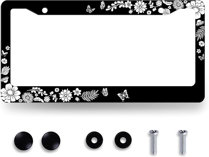 Black White Flowers and Butterfly License Plate Frame Floral License Plate Stainless Steel Funny Accessory Cars Decor for Women 12.2 X 6.2 Inch with 2 Holes and Screws Fits Standard Us Ca Vehicles