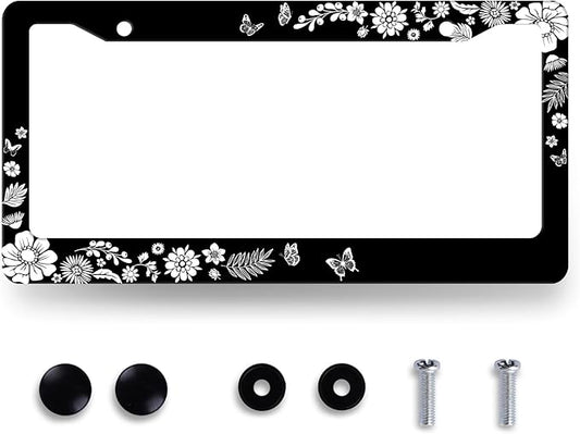Black White Flowers and Butterfly License Plate Frame Floral License Plate Stainless Steel Funny Accessory Cars Decor for Women 12.2 X 6.2 Inch with 2 Holes and Screws Fits Standard Us Ca Vehicles