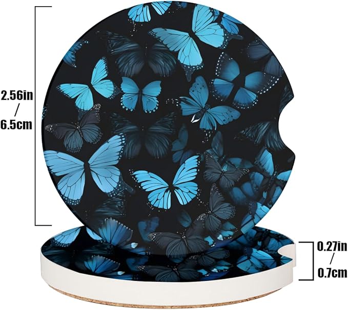Cup Holder Coaster 2 Pack - Cork Base Universal Car Cup Coasters for Drinks - Funny Aesthetic Car Accessories, Table Coaster Home Decor (Blue Butterfly)