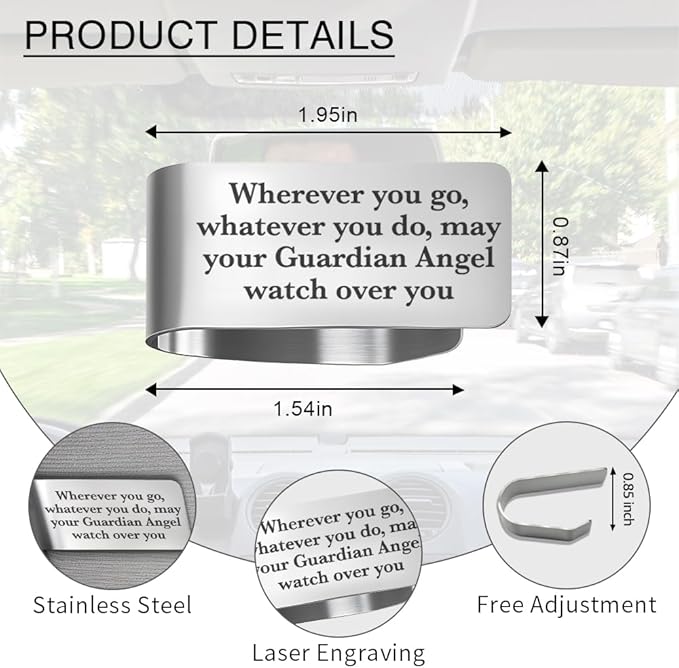 May Your Guardian Angel Watch Over You Engraved Stainless Steel Car Visor Clip, New Driver Gifts for Women Men, Funny Safe Driving Gifts for Family Friend, God Prayer Present for Religious