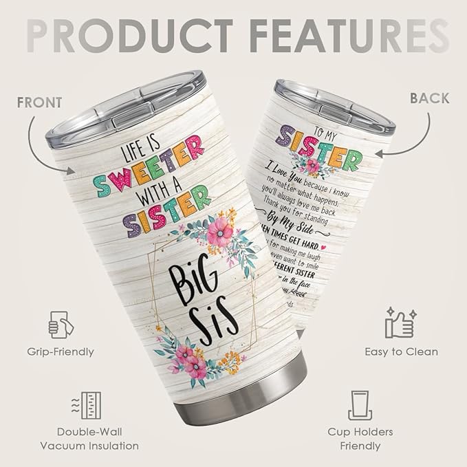 SANDJEST Sister Gifts - Sister Stainless Steel 20oz Tumbler, Insulated Travel Mug, Gifts for Birthday, Christmas, Women, Girls, Best Friends