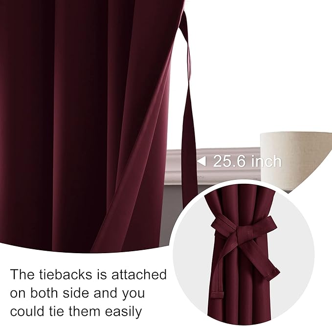 JIUZHEN Blackout Curtains for Bedroom - Thermal Insulated Room Darkening Rod Pocket Curtains for Living Room, Set of 2 Panels with Tiebacks, 60 x 72 Inch Length, Burgundy