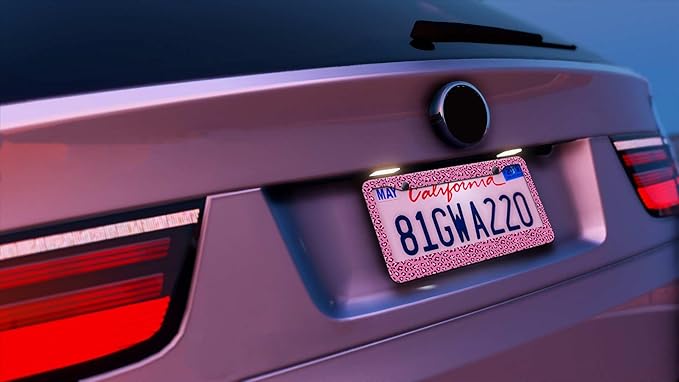 2PCS Pink Leopart Pattern License Plate Frames for Men Women - Universal Aluminum Stainless Steel Cheetah Personalized Car Tag Covers Holder with Screws, Caps, Rattle Proof Pads and Handlebar Stickers