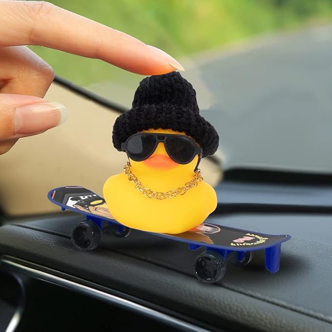 wonuu Car Duck Ornament Rubber Duck Car Dashboard Decoration for Car Dashboard Decoration Accessories with Mini Hat, Necklace, Sunglasses, Chair or Skateboard