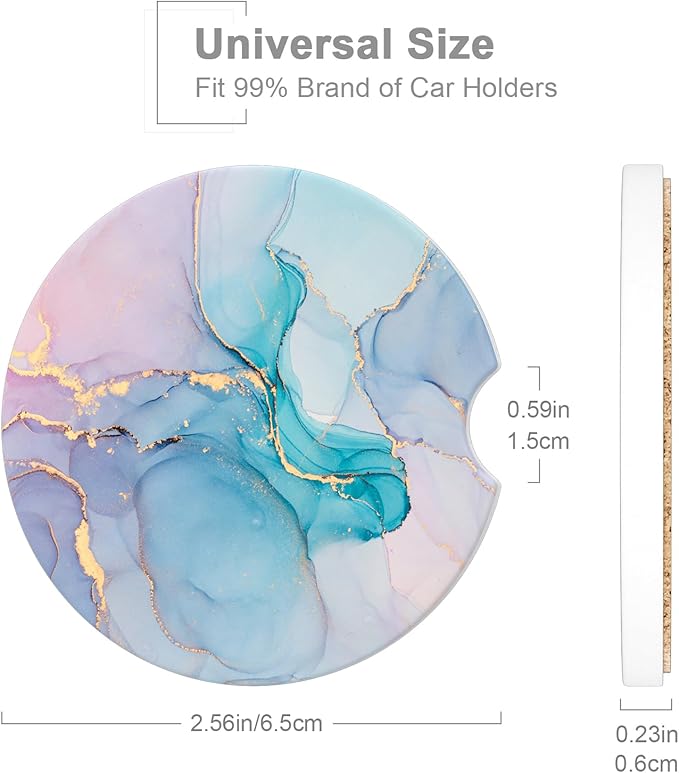 Car Cup Holder Coaster, Car Coasters for Cup Holders, 2 Pack Universal Anti Slip Insert Absorbent Ceramic Auto Interior Accessories with A Finger Notch & Cork Base, Colorful Ink Marble