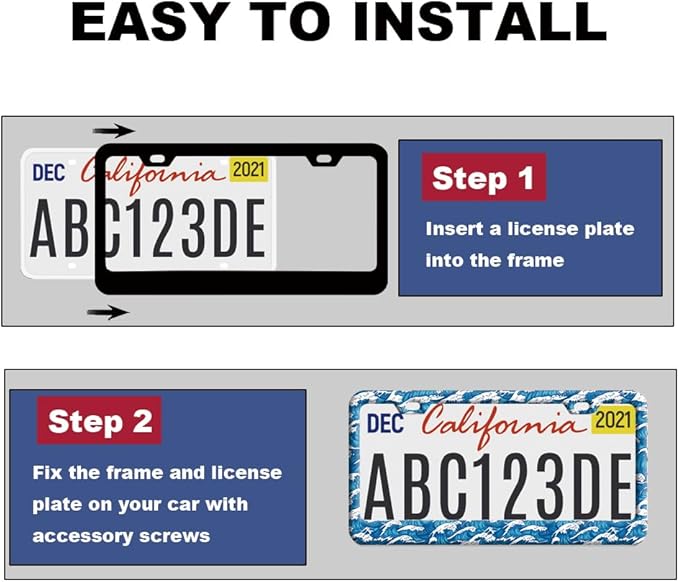 2pcs Blue Ocean Wave License Plate Frame for Women, Japanese Traditional Waves Print car Decorative tag Frames Girly Cute License Plate Cover Holder for Vehicle with Double Sided car Keychain tag