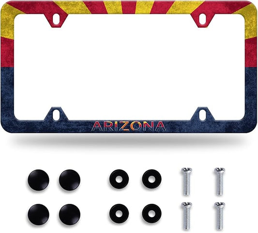Arizona State Flag License Plate Frame License Plate Stainless Steel Auto Parts Colorful License Plate Decorative with Screws Size 12.3" x 6.3" for Men Women