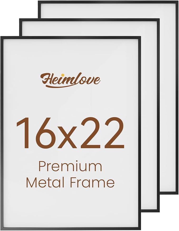 Heimlove 16x22 Metal Picture Frame,Black Aluminum Wall Gallery Poster Puzzles Artwork frames-Real Tempered Glass,Mounting Horizontally or Vertically Decor for Wall-3 Pack
