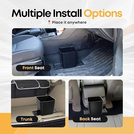 Car Trash Can 2L with Stability Wings & Velcro for Extra Stability ??Magic Strip & Clip for Fabric & Rubber Mats ??Durable Plastic, Easy Pull Trash Bags Included ??Black