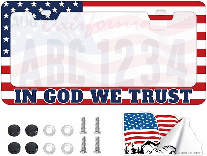 1PCS in God We Trust American Flag License Plate Frame Holder - USA Stars and Stripes Auto Universal Aluminum Matte Car Tag Holder Covers with Sticker & Screws for Men