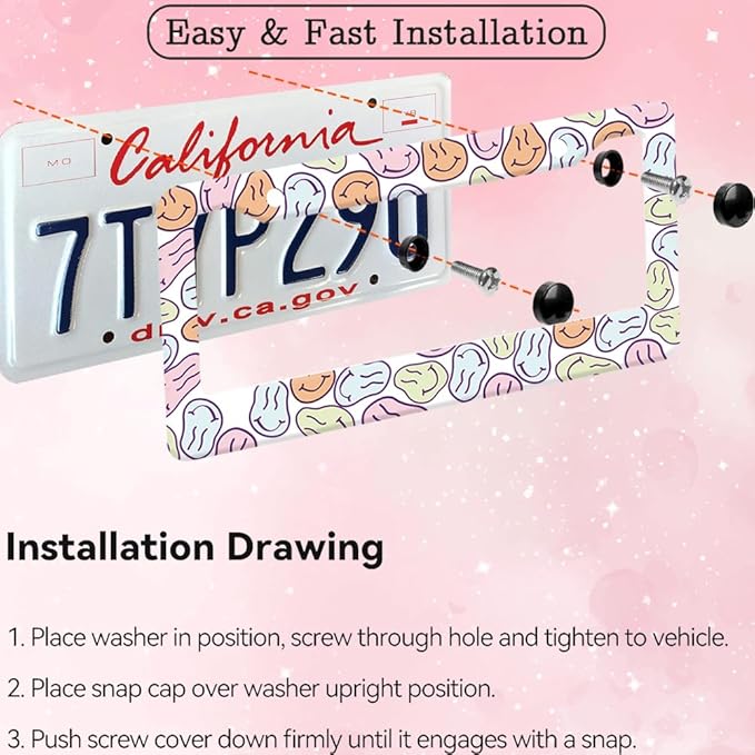 2pcs Funky Smiley face License Plate Frame for Women,Inspirational Happy face car Decorative tag Frames Girly,Vintage Smiley face License Plate Cover Holder for Vehicle with car Keychain tag