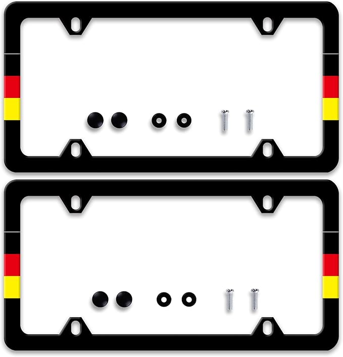 2 Pcs German Flag License Plate Frame Germany License Plate Frames Personalise Stainless Steel Funny Design Compatible with Standard License Plate Holder for USA and Canada 6 X 12 with Screws