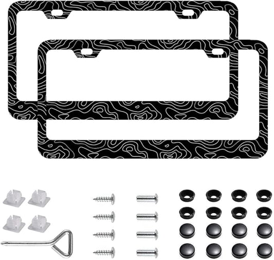 2 Pack Topographic | Topography | Map | Exploration | Discovery License Plate Frames, Stainless Steel License Plate Cover with Screw Caps Cover and Screwdriver Set - 2-Hole