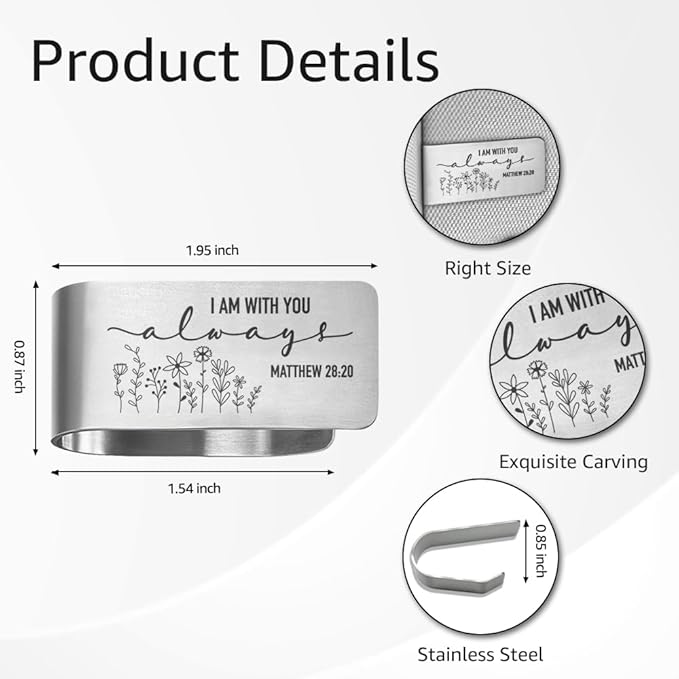 I Am with You Always Engraved Stainless Steel Car Visor Clip, Matthew 28:20 Sign, Travels Visor Car Accessories, Funny Religious Gifts for Women Men Family Friend, New Driver Gifts