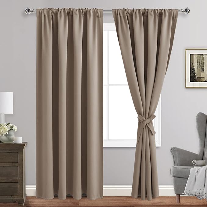 JIUZHEN Blackout Curtains for Bedroom - Thermal Insulated Room Darkening Rod Pocket Curtains for Living Room, Set of 2 Panels with Tiebacks, 52 x 90 Inch Length, Camel