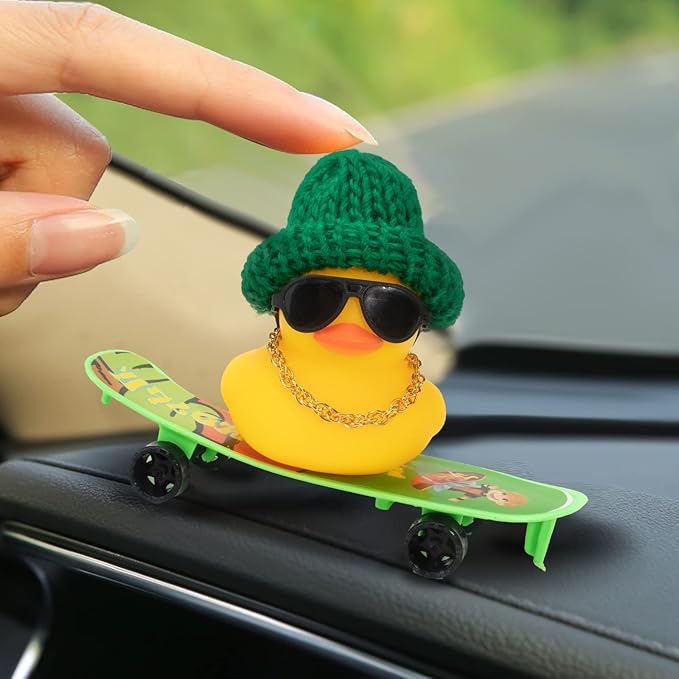 wonuu Car Duck Ornament Rubber Duck Car Dashboard Decoration for Car Dashboard Decoration Accessories with Mini Hat, Necklace, Sunglasses, Skateboard, D-Green&Green Skateboard