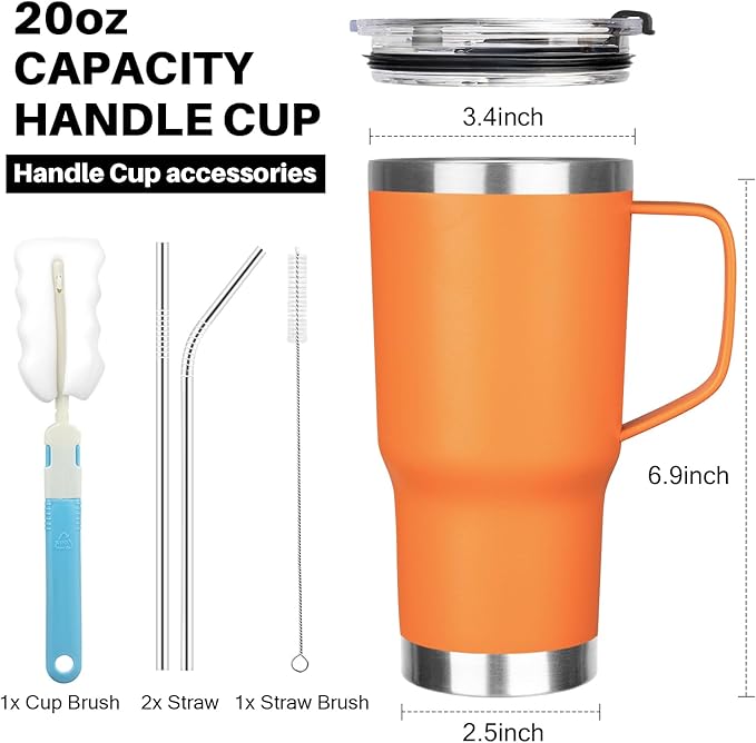 20 oz Tumbler with Handle, Stainless Steel Insulated Tumbler with Lid and Straw, Double Wall Vacuum Insulated Coffee Mug Tumbler, Insulated Coffee Thermal Cup for Cold and Hot（Orange）