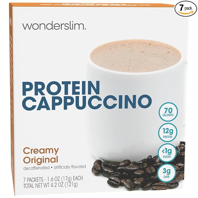 Wonderslim Protein Coffee Powder, Creamy Original Cappuccino, Low Sugar, Gluten Free, Keto Friendly & Low Carb (7ct)