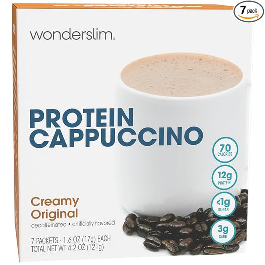 Wonderslim Protein Coffee Powder, Creamy Original Cappuccino, Low Sugar, Gluten Free, Keto Friendly & Low Carb (7ct)