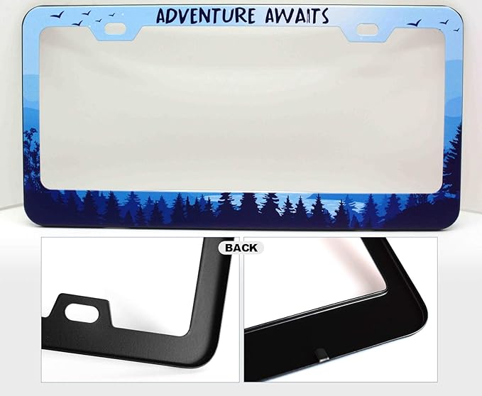 1pcs Blue Mountain Adventure AwaitsLicense Plate Frame for Women, Nature Forest Mountain River Landscape car tag Frames Girly for Vehicle with Non Adhesive Electrostatic Sticker