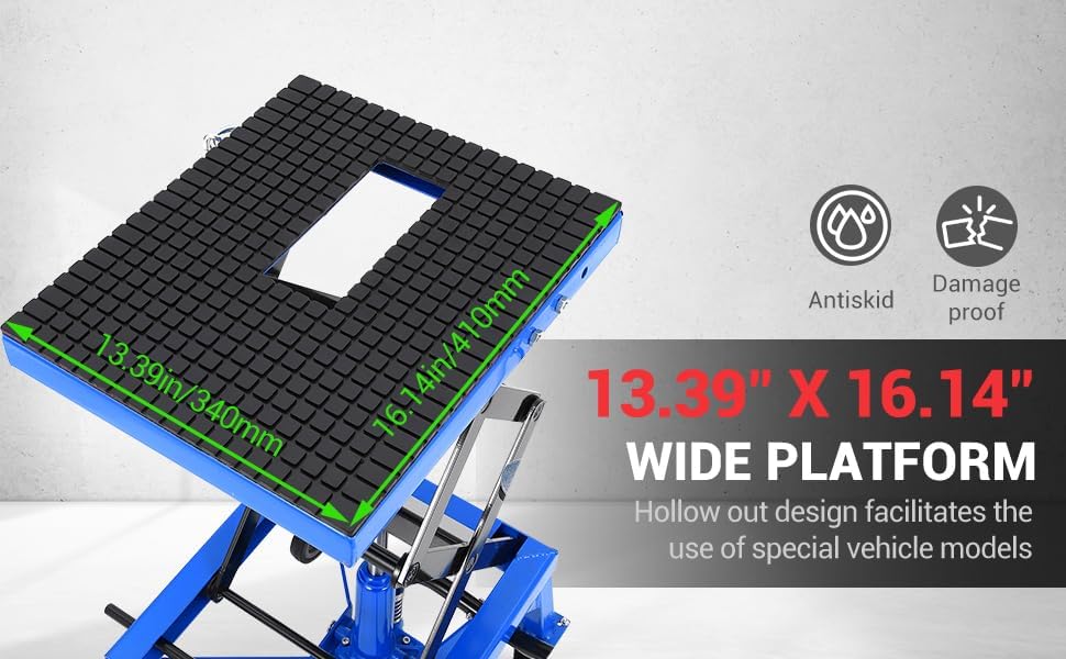 Hydraulic 350LBS Motorcycle Lift Jack - Foot-Pump Scissor Lift Table with Safety Lock, Wheels & Oil Drain Hole - Height Adjustable 13.78-34.25" for ATV, Dirt Bike, Cruiser Maintenance