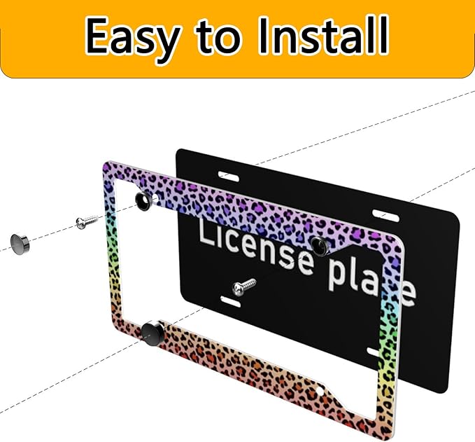 License Plate Frame 2 Pack Front Rear Aluminum Metal Rust-Proof Universal Car Tag Frames Holder with 4 Holes Car Decor Accessory with Screws for Men Women - Colorful Leopard