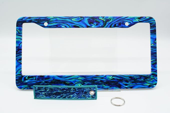 2pcs Faux Abalone License Plate Frame for Women, car Decorative tag Frames Girly, Faux Abalone License Plate Cover Holder for Vehicle with Double Sided car Keychain tag