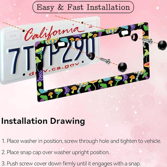 2pcs Mushrooms License Plate Frame for Women, Retro Mushroom car Decorative tag Frames Girly, Green Plant theam License Plate Cover Holder for Vehicle with Double Sided Keychain tag