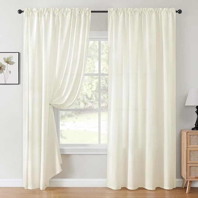 HOMEIDEAS Non-See-Through Cream Yellow Privacy Sheer Curtains, 52 X 84 Inches Long 2 Panels Light Yellow Sheer Curtains Light Filtering Window Drapes for Bedroom Living Room