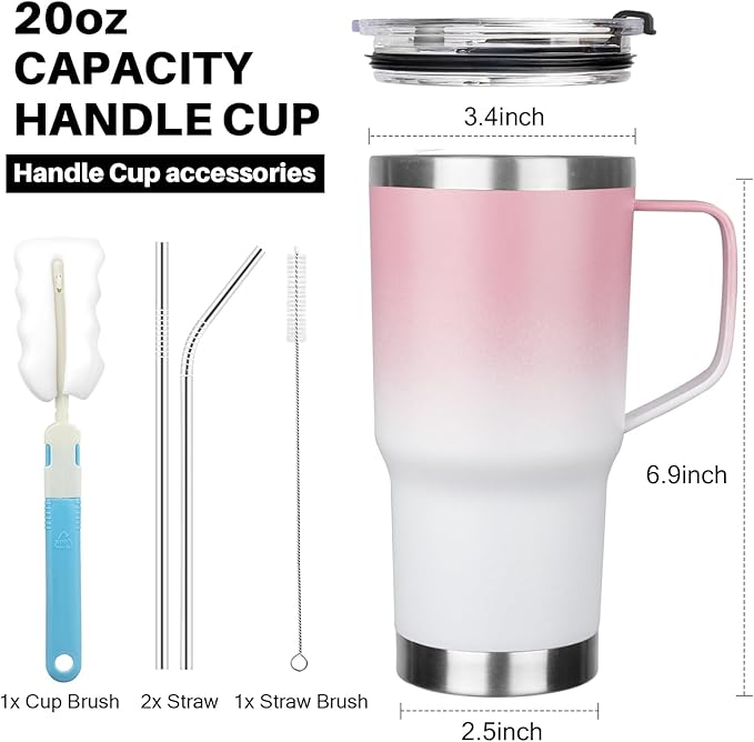20 oz Tumbler with Handle, Stainless Steel Insulated Tumbler with Lid and Straw, Double Wall Vacuum Coffee Mug Tumbler, Insulated Coffee Thermal Cup for Cold and Hot (Pink White)