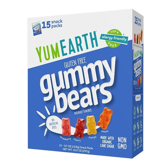 YumEarth Organic Gummy Bears - Fruity Gummy Candy Snack Packs, Gluten Free Snacks for Kids - Allergy Friendly, Non-GMO, No Artificial Flavors or Dyes - Assorted Flavors, 0.7 Oz - 15 Count (Pack of 1)