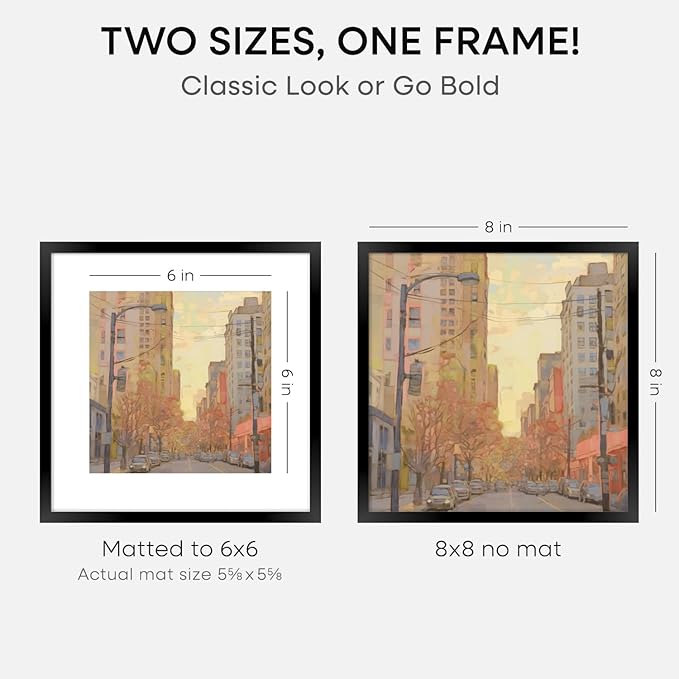 Homeforia 8x8 Black Picture Frame, High End Metal 8 x 8 Square Photo Frames with Mat 6 by 6, 8x8 Poster Frame Matted to 6x6 inch Print, 8by8 Wall or Tabletop Frames, Tempered Glass, Wall Kit, Set of 2