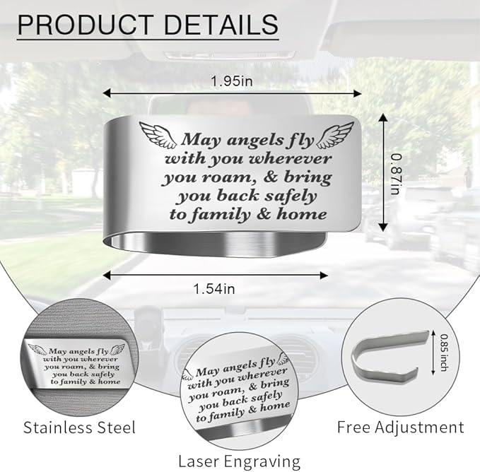 May Angels Fly with You Wherever You roam Engraved Stainless Steel Car Visor Clip, Inspirational Guardian Angel Safe Driving Gifts for Family Friend Driver Traveller, New Car Birthday Gifts