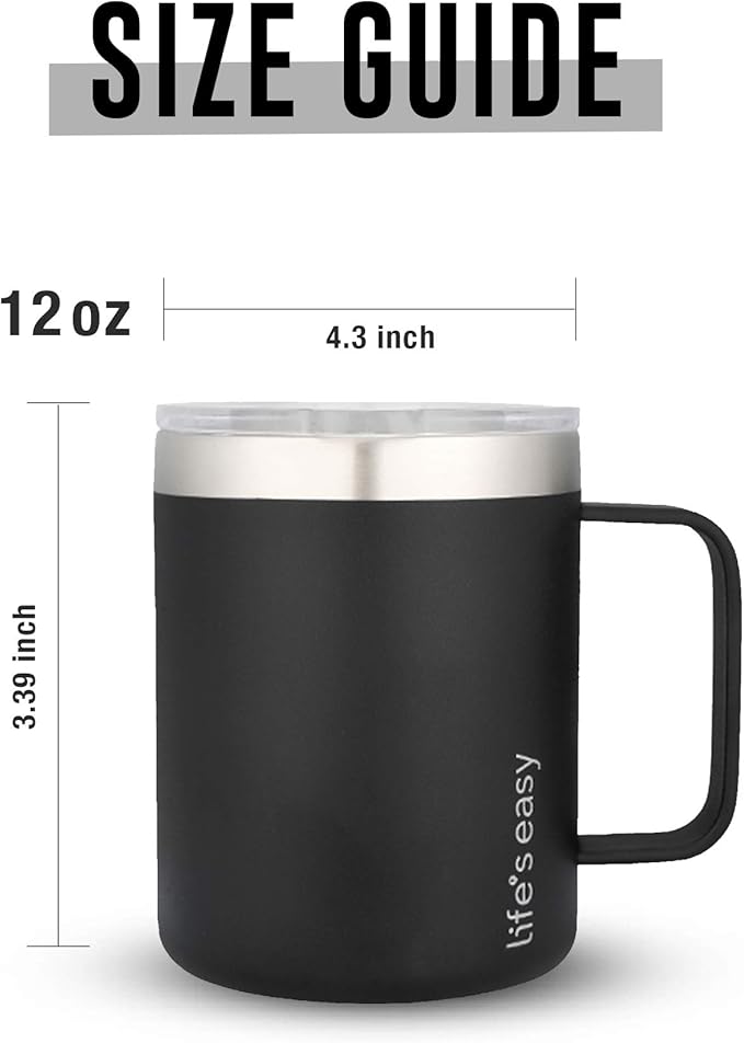 Life's Easy 12 oz Stainless Steel Mug w/Handle - Double Wall Insulated Travel Tumbler w/Flip Lid - Leak Proof Tumbler-Thermal Cup for Coffee, Tea & More - Keep Hot & Cold Drinks (Onyx, 12 oz)