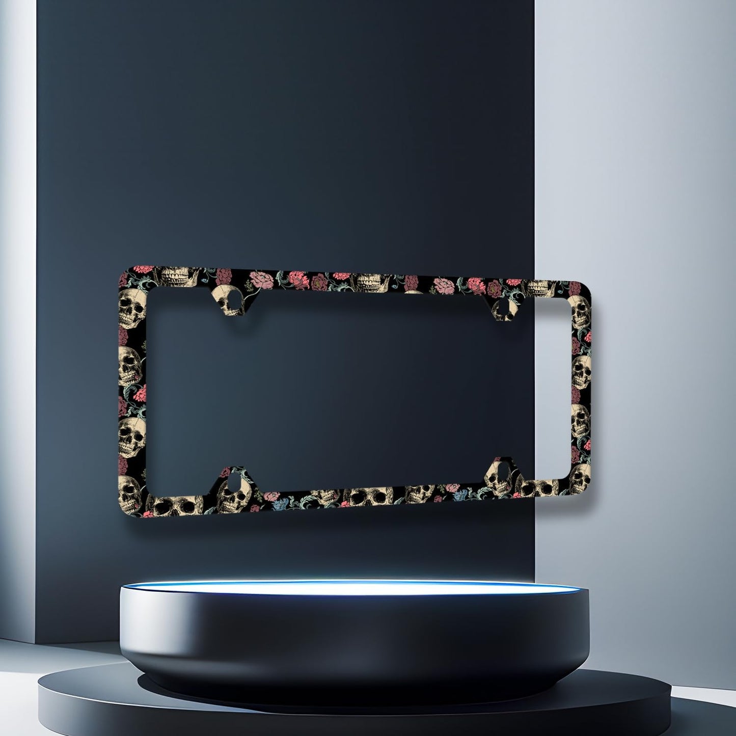 Skulls Flowers License Plate Frame Colorful Skull License Plate Stainless Steel Funny Accessories Cars Decor 12.2 X 6.2 Inch with 4 Holes and Screws Fits Standard Us Ca Vehicles