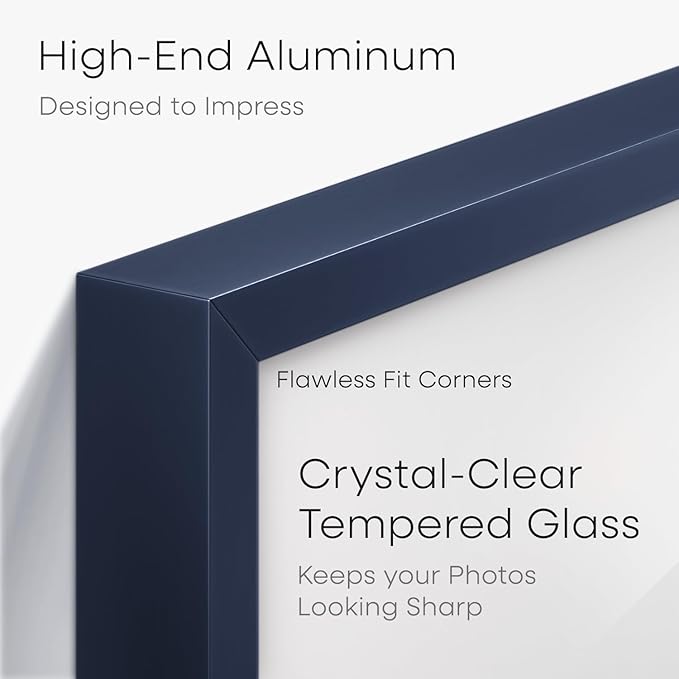 Homeforia A4 Picture Frame Navy Blue, High End Metal 8.3 x 11.7 inch Poster Frames with Mat 5.8 by 8.3 Art, A4 Size Frames Matted to A5 Photo, 8.3x11.7 Wall or Tabletop Frame, Tempered Glass, Set of 1